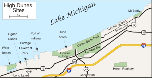 High Dunes Map showing Indiana Dunes State Park and vicinity birding locations.  Map courtesy Ken Brock.